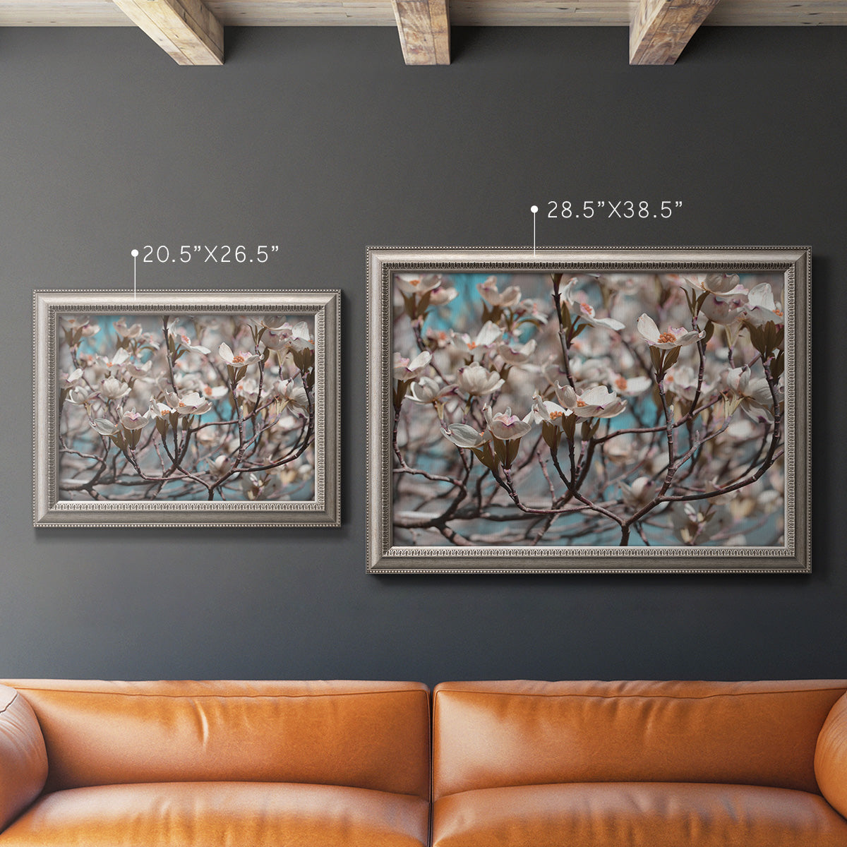 Contemporary dogwood blossom floral photography in an ornate vintage silver frame shown in multiple size options.