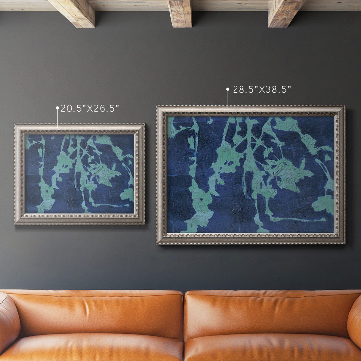 Industrial abstract botanical in an ornate vintage silver frame shown in multiple size options.