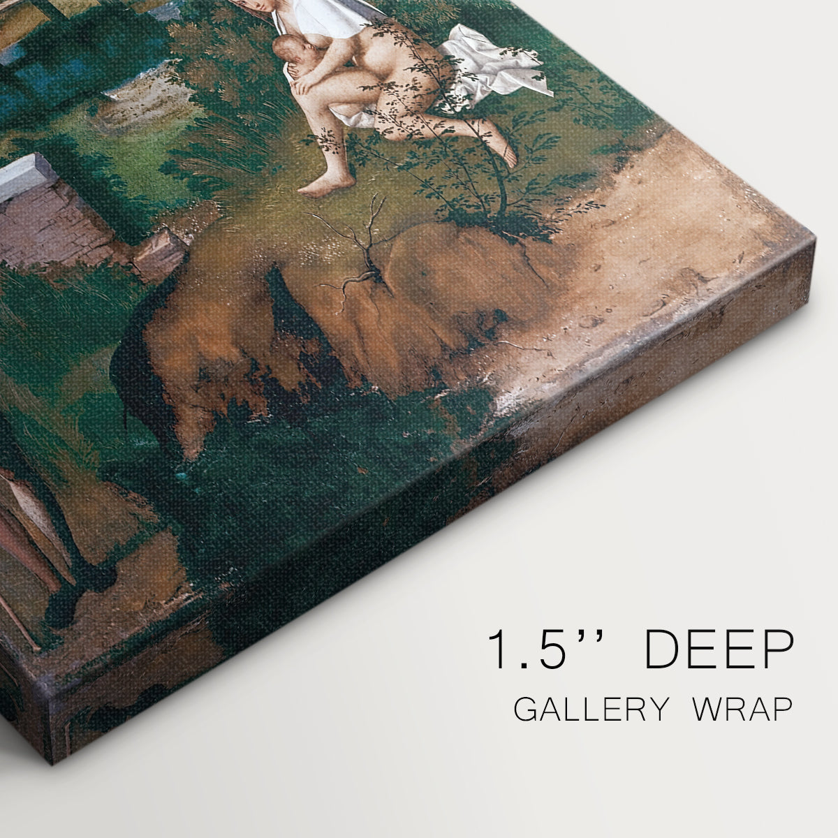 Close-up of a gallery-wrapped canvas corner showing a moody composition with nature and human presence, highlighting texture and print detail.