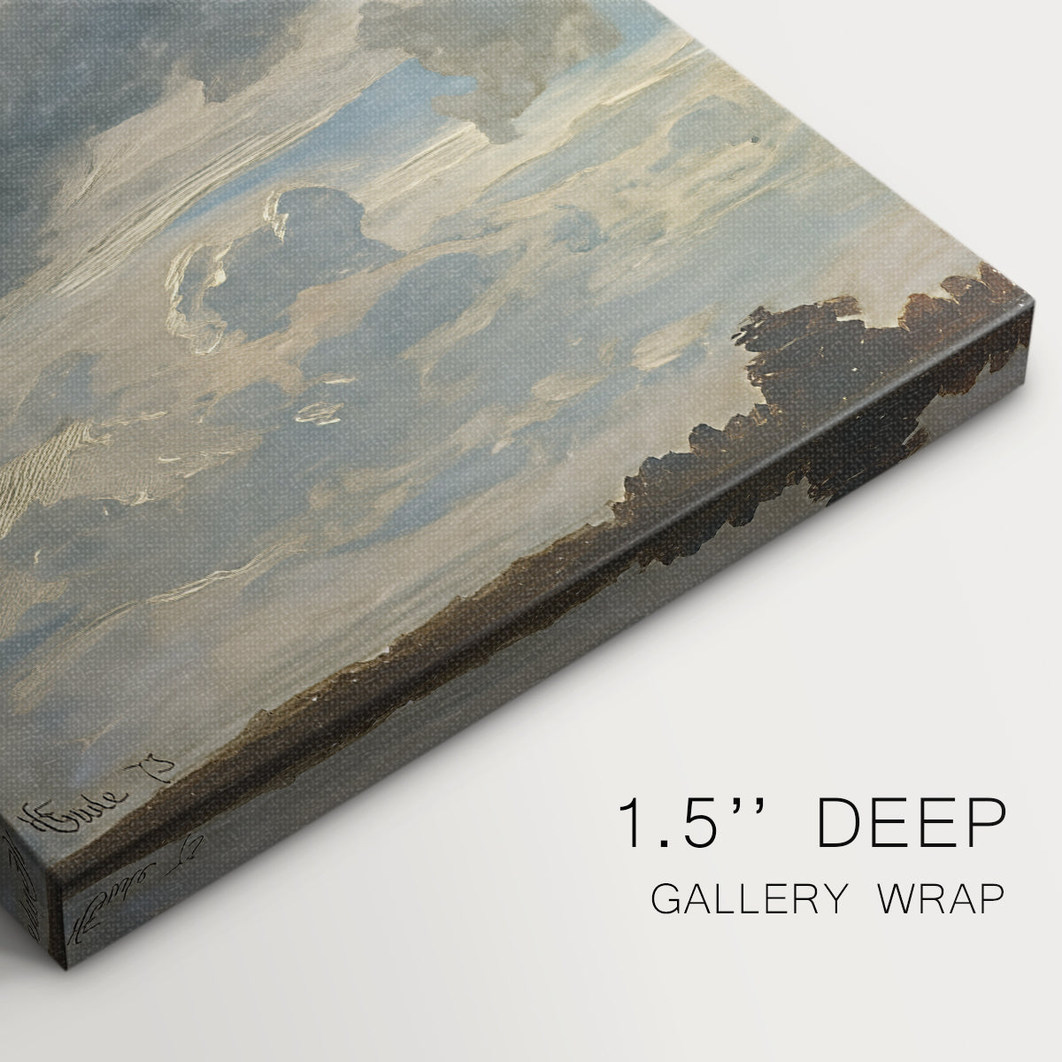 Close-up of a gallery-wrapped canvas corner showing a soft composition with open sky and gentle movement, highlighting texture and print detail.