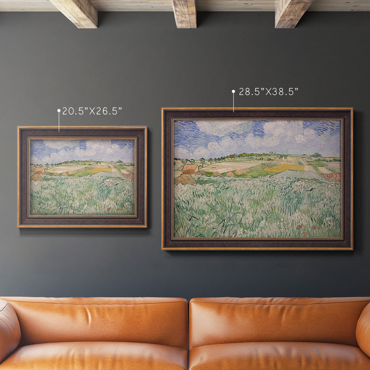 Impressionist countryside landscape near Auvers by Vincent van Gogh in an ornate bronzed mahogany wood frame shown in multiple size options.