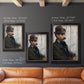 Impressionist portrait of a seated man by Édouard Manet in an ornate black frame with gilded inner detail shown in multiple vertical size options.