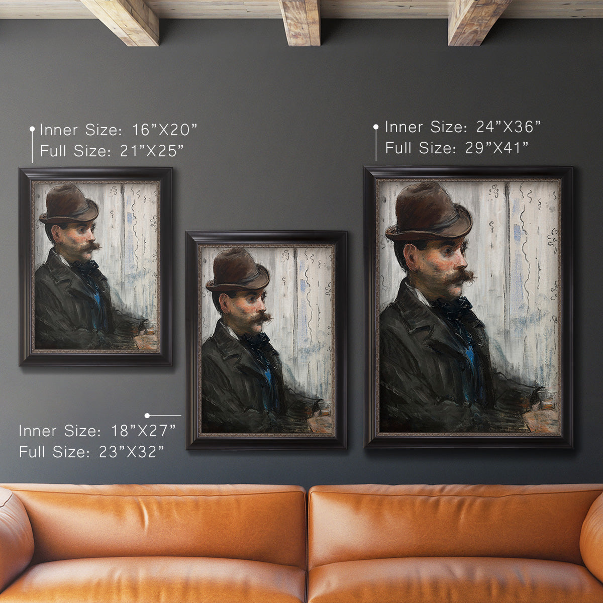 Impressionist portrait of a seated man by Édouard Manet in an ornate black frame with gilded inner detail shown in multiple vertical size options.