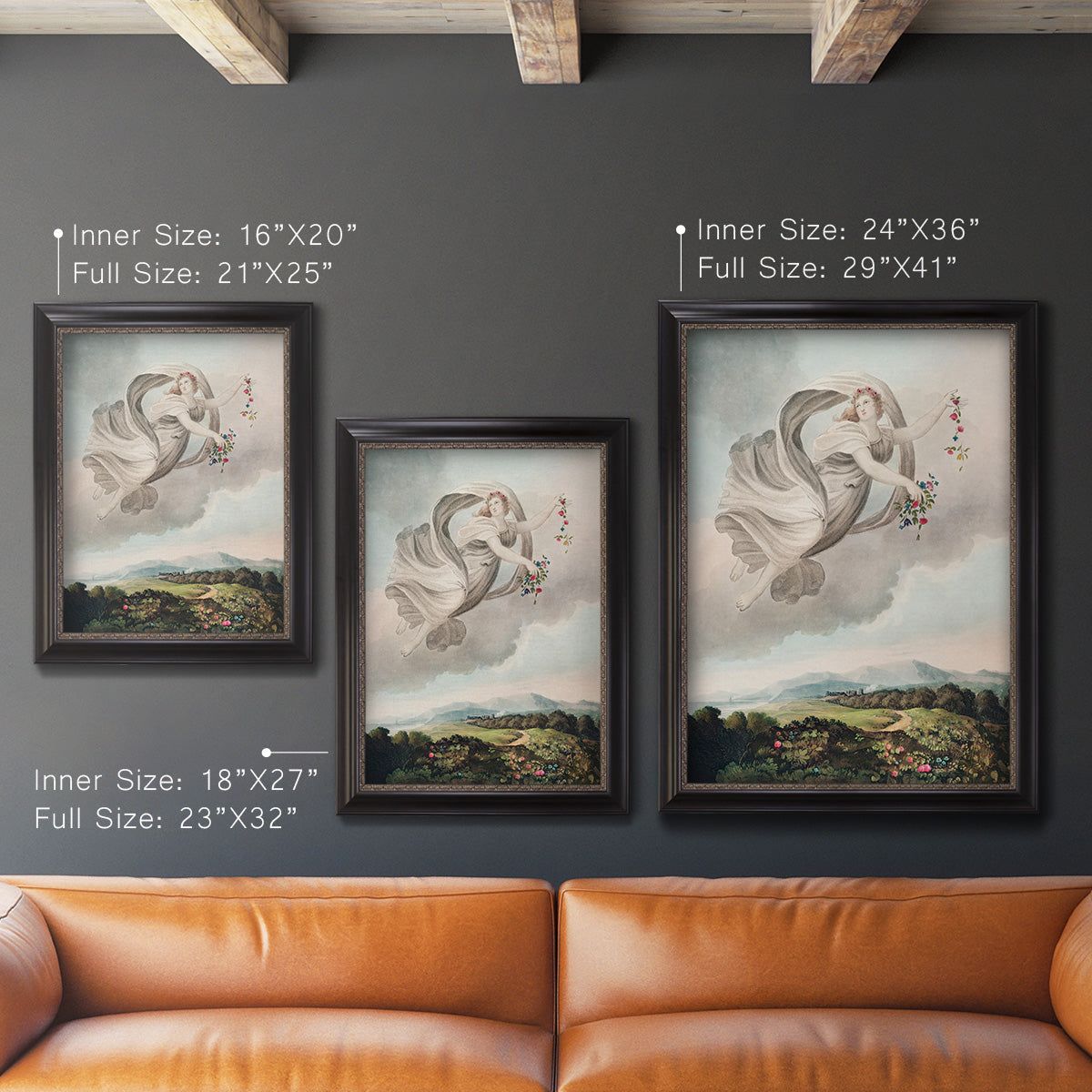 Classical allegorical depiction of the goddess Flora by Robert John Thornton in an ornate black frame with gilded inner detail shown in multiple vertical size options.