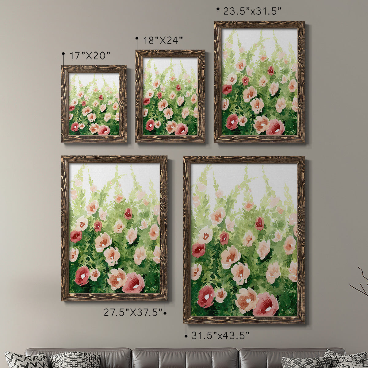Size comparison chart for a set of two walnut barnwood framed canvas prints.