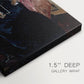 Close-up of a gallery-wrapped canvas corner showing a composed figure with subtle texture and light, highlighting texture and print detail.