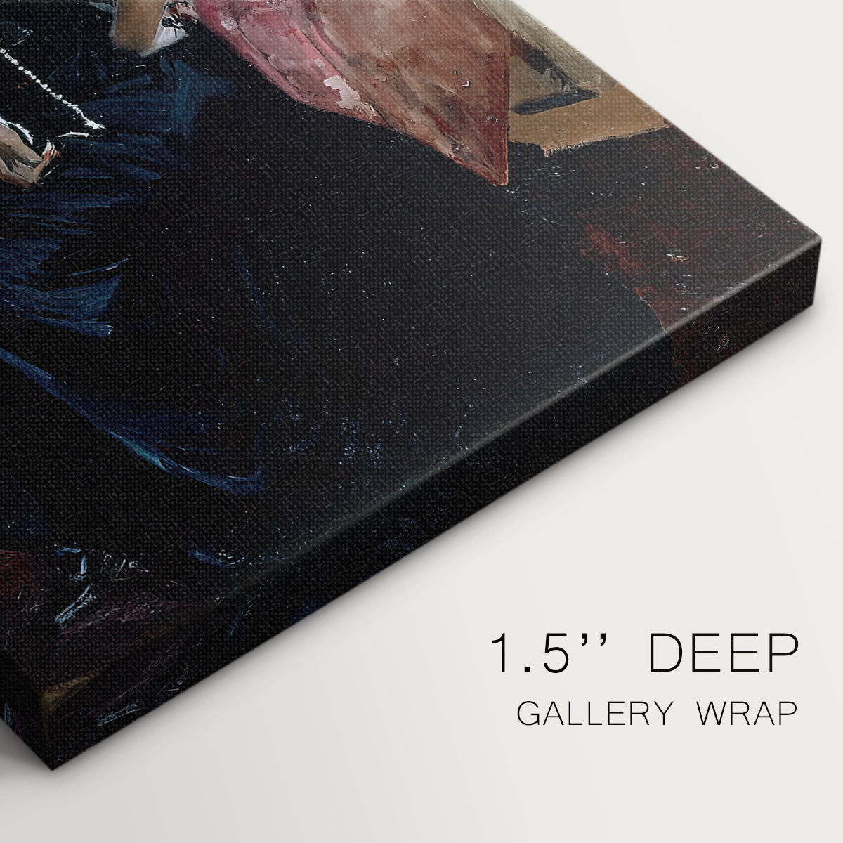 Close-up of a gallery-wrapped canvas corner showing a composed figure with subtle texture and light, highlighting texture and print detail.