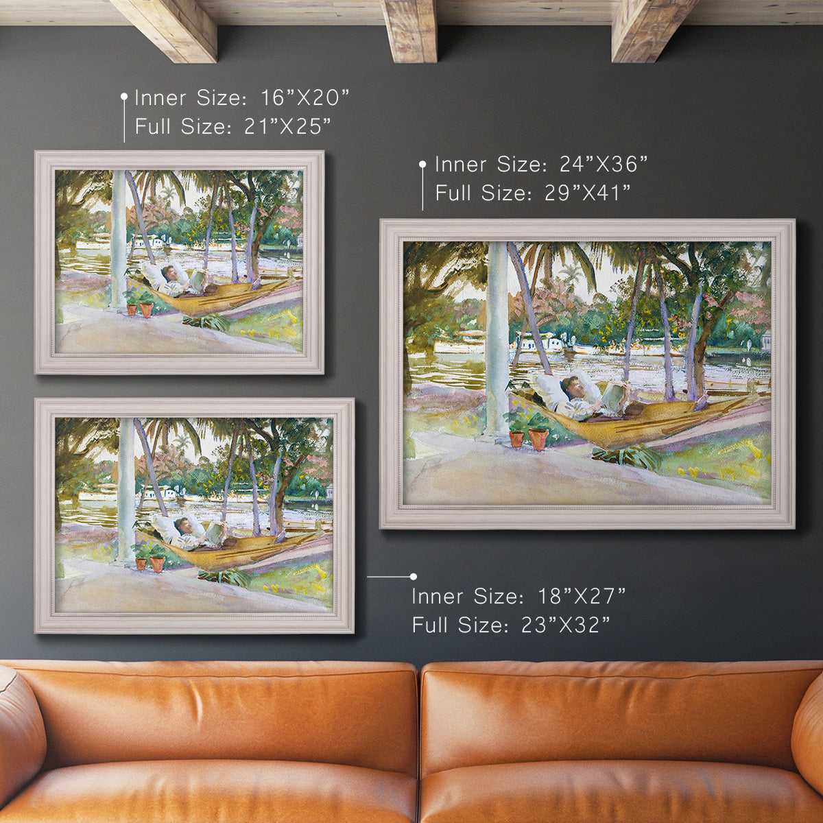 Impressionist leisure portrait scene by John Singer Sargent in an ornate weathered white frame shown in multiple size options.
