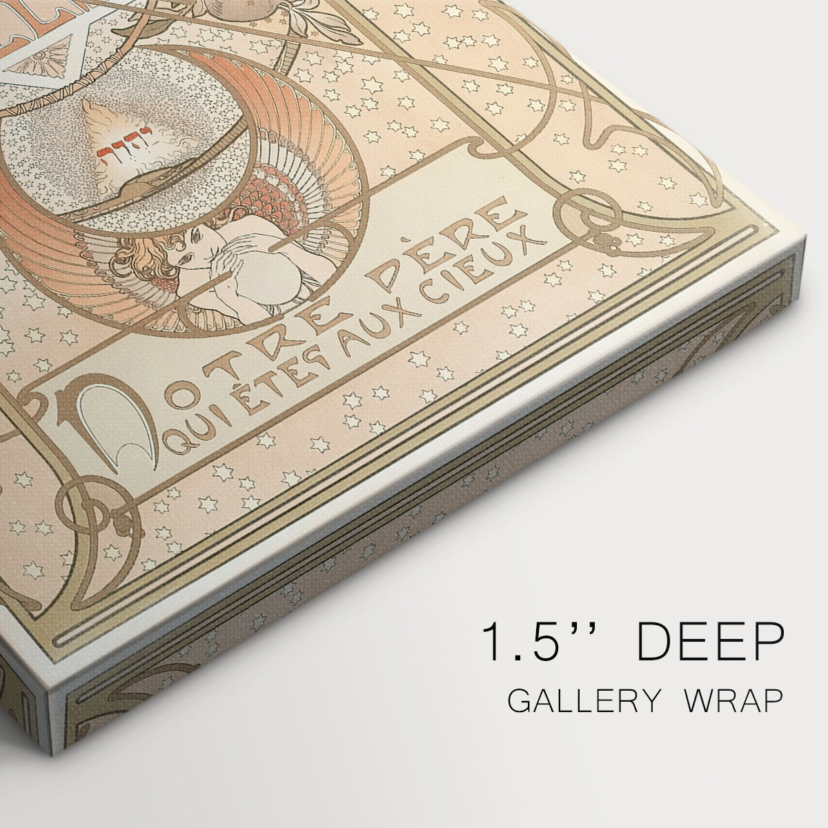 Close-up of a gallery-wrapped canvas corner showing a vintage illustration with symbolic elements and flowing composition, highlighting texture and print detail.