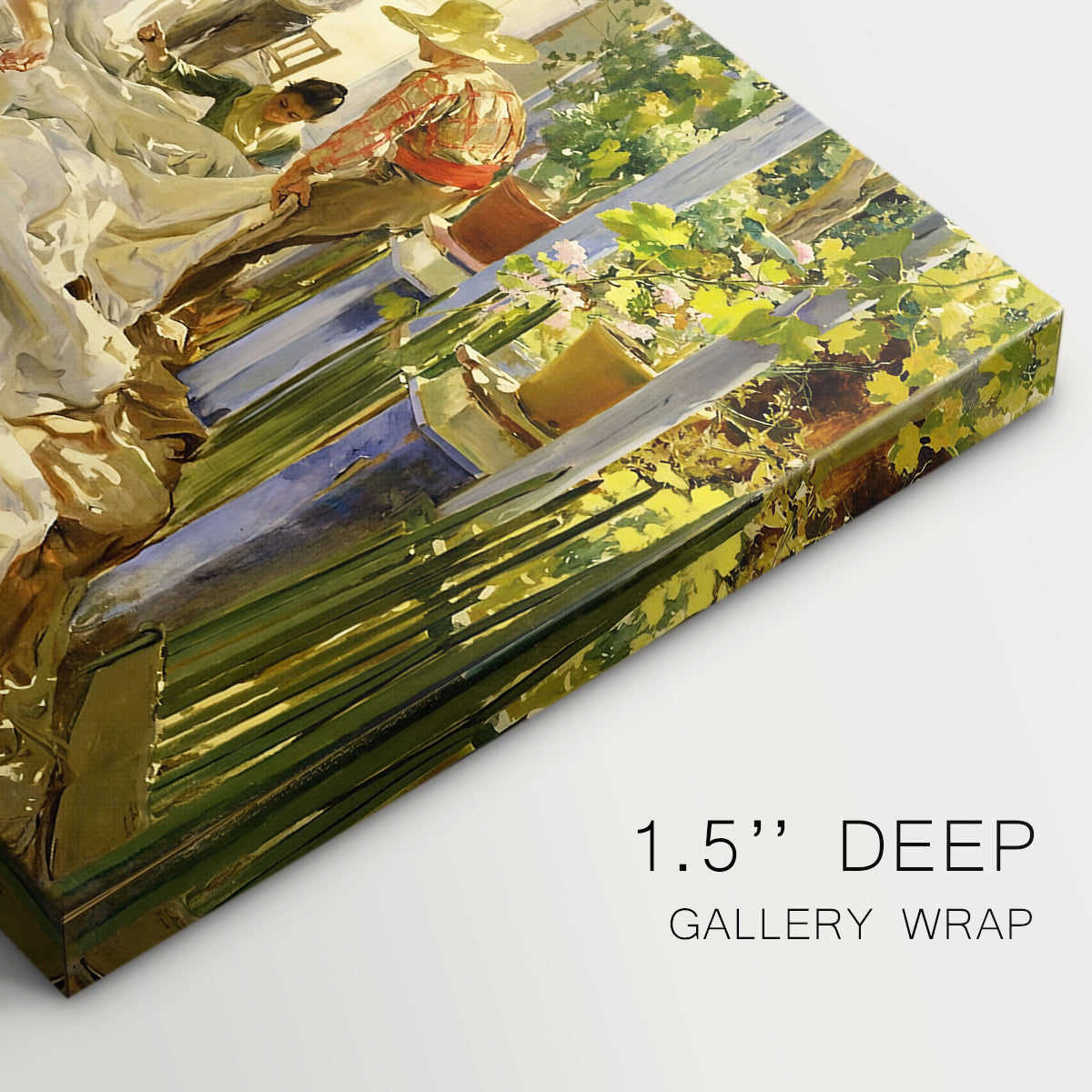 Canvas art print of figures working together sewing large sail outdoors in bright light, highlighting texture and gallery-wrapped edges