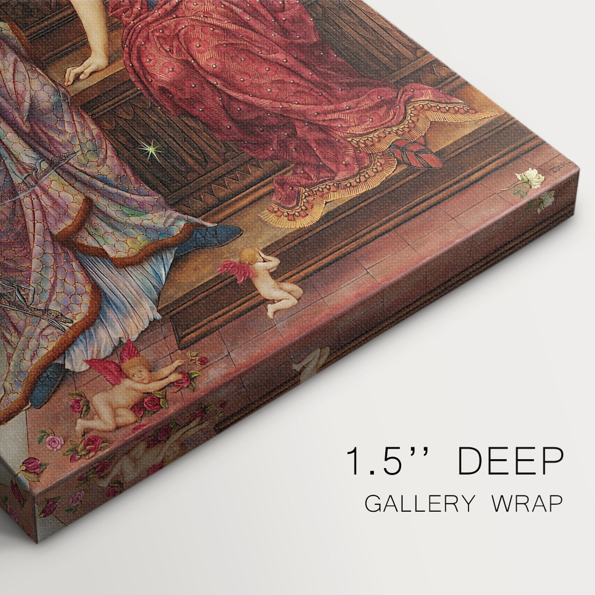 Close-up of a gallery-wrapped canvas corner showing a storytelling scene with detailed garments and expressive poses, highlighting texture and print detail.