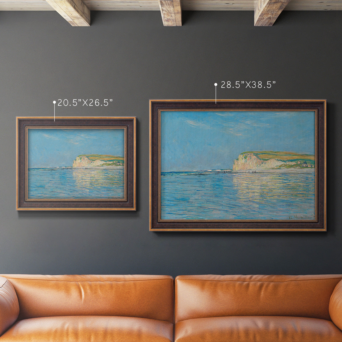 Impressionist coastal low-tide seascape at Pourville by Claude Monet in an ornate bronzed mahogany wood frame shown in multiple size options.