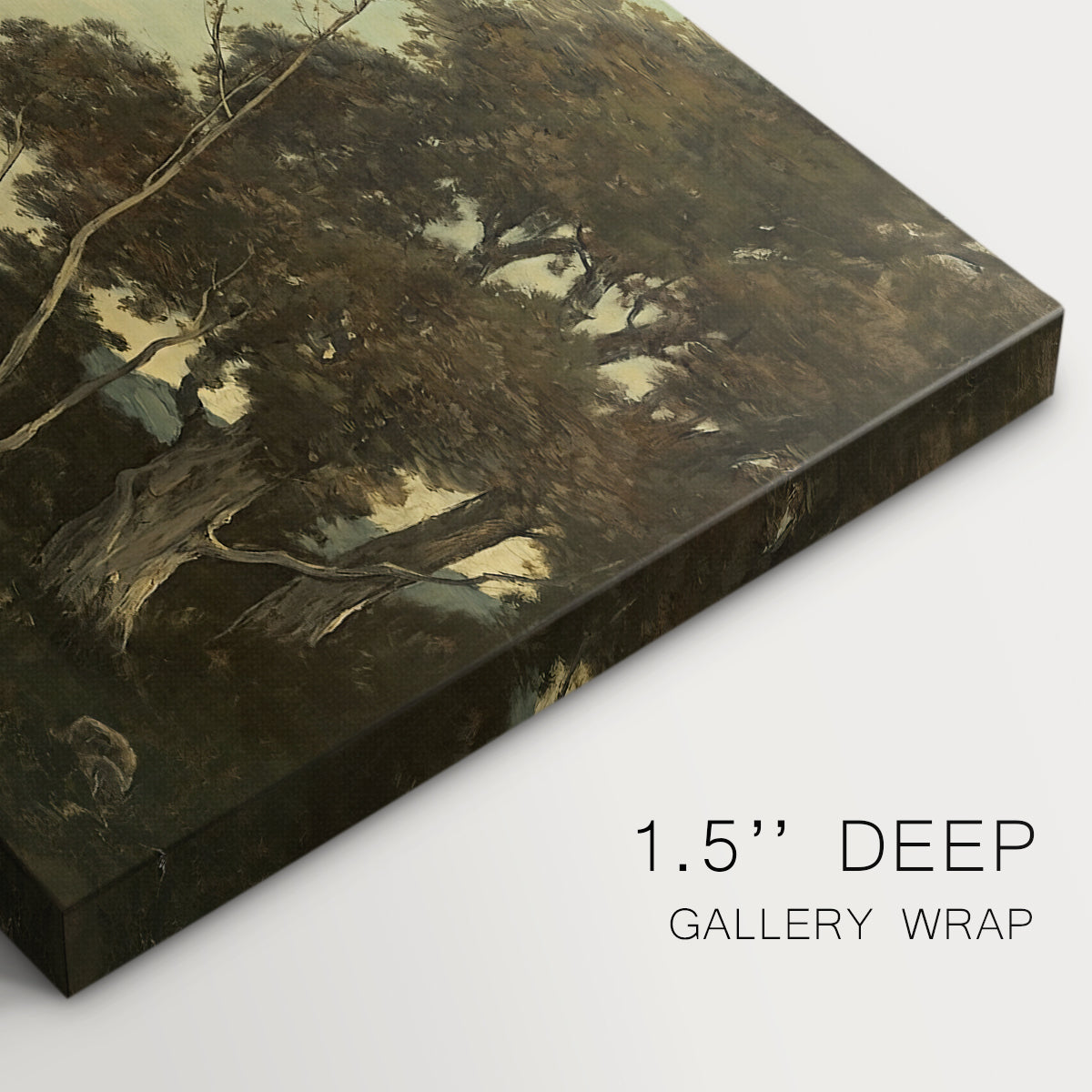 Canvas art print of an open countryside landscape with trees and distant horizon under soft sky, highlighting texture and gallery-wrapped edges