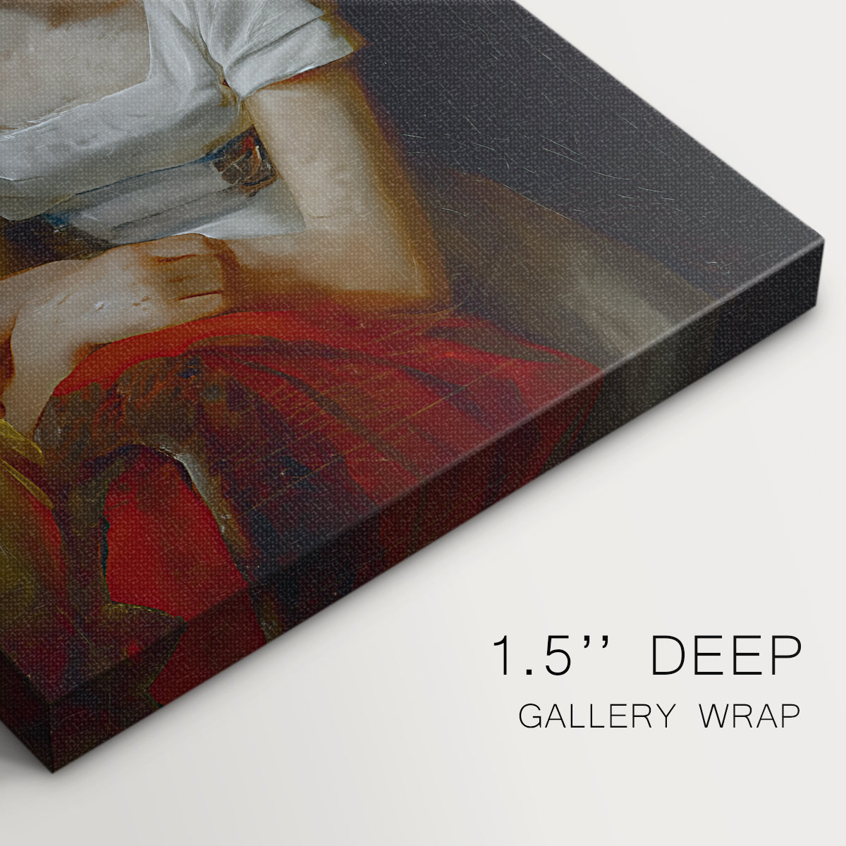 Close-up of a gallery-wrapped canvas corner showing a traditional composition with gentle detail, highlighting texture and print detail.