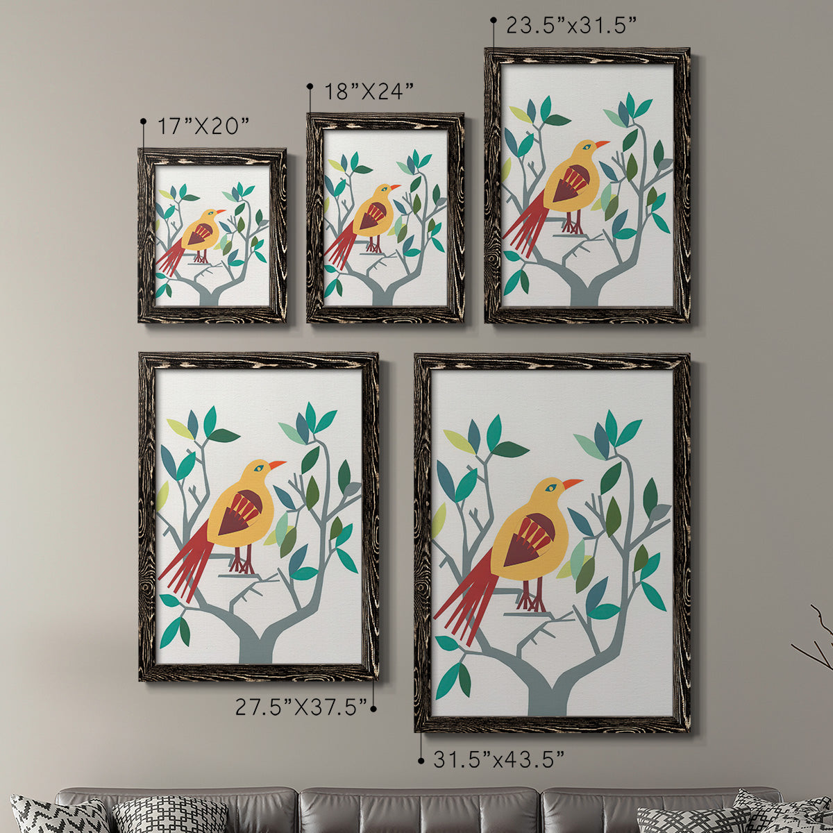 Size comparison chart for a set of two black barnwood framed canvas prints.