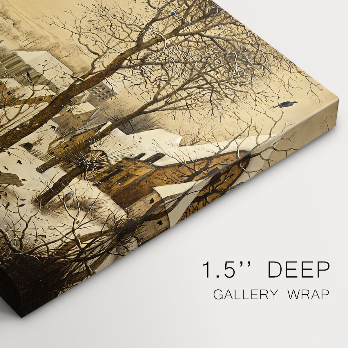 Canvas art print of a village scene with skaters on frozen river, highlighting texture and gallery-wrapped edges