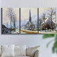 Three-panel canvas wall art featuring snow covered road leading to village, displayed in a living room above a sofa.