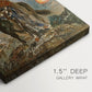 Close-up of a gallery-wrapped canvas corner showing a moody scene with layered figures and depth, highlighting texture and print detail.