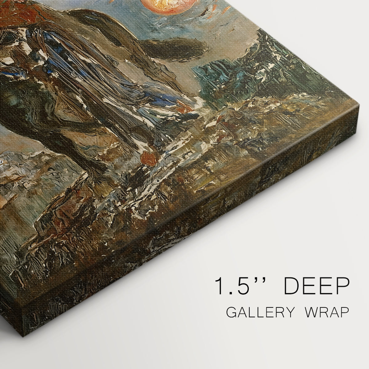 Close-up of a gallery-wrapped canvas corner showing a moody scene with layered figures and depth, highlighting texture and print detail.