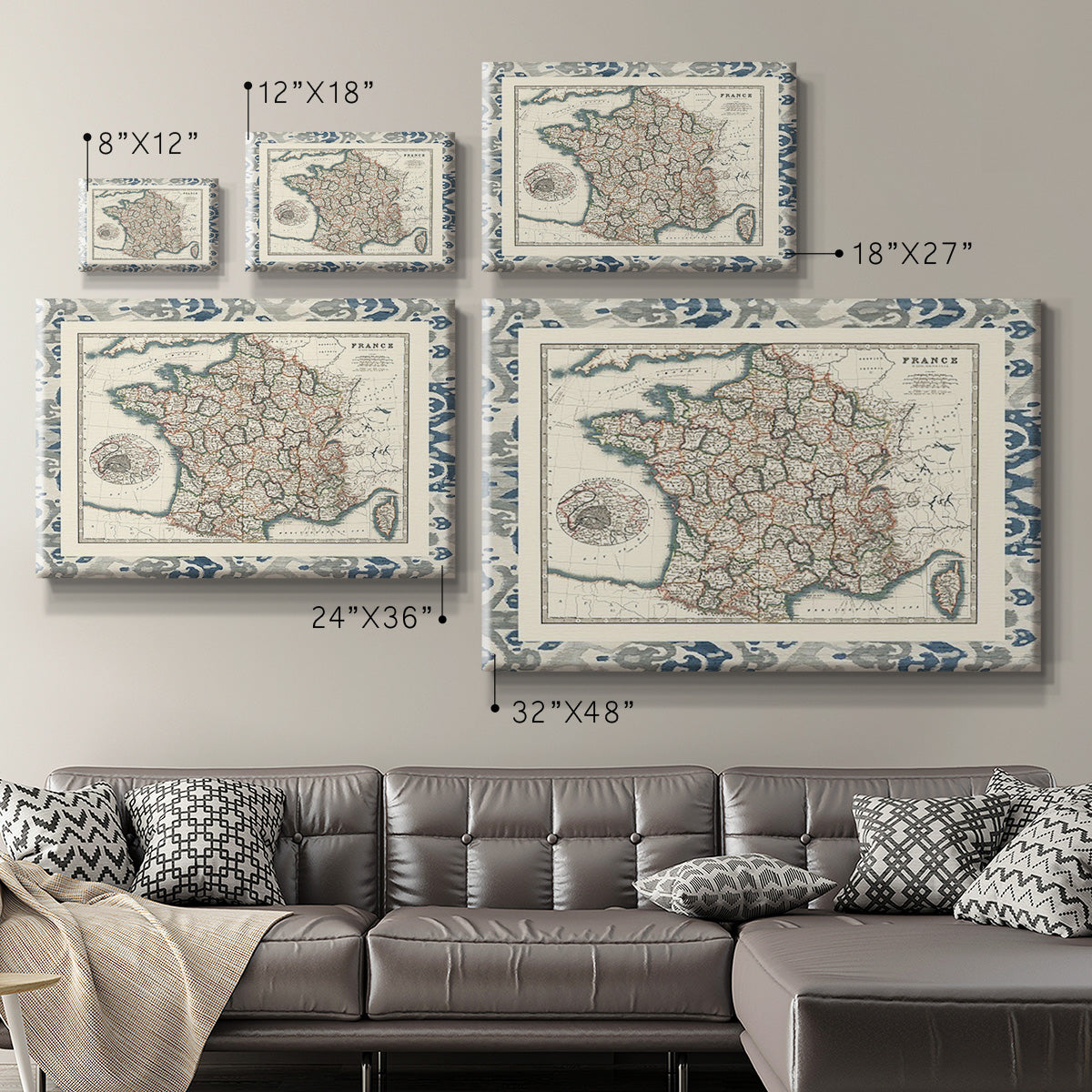 Bordered Map of France Premium Gallery Wrapped Canvas - Ready to Hang