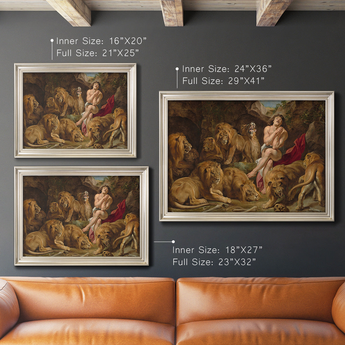Dramatic biblical painting of Daniel with lions by Peter Paul Rubens in an ornate champagne frame shown in multiple size options.