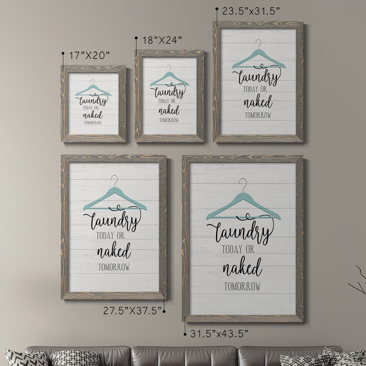 Size comparison chart for a set of two gray barnwood framed canvas prints.