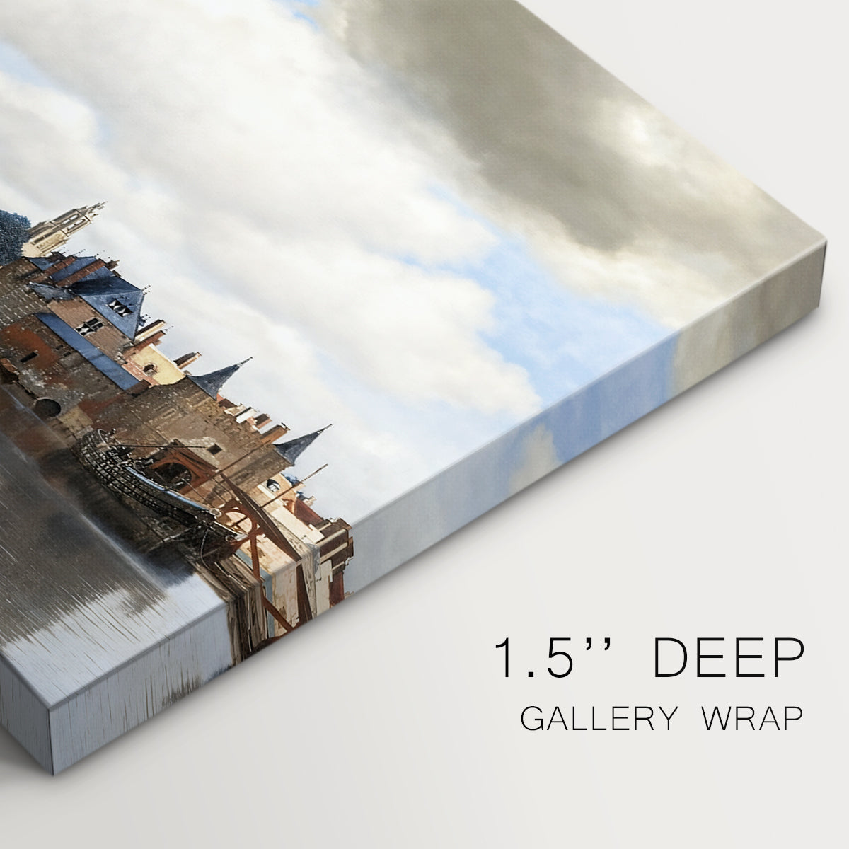 Canvas art print of a cityscape of Delft with buildings reflected in calm water, highlighting texture and gallery-wrapped edges