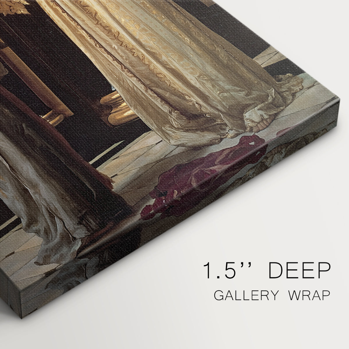 Close-up of a gallery-wrapped canvas corner showing a refined scene with multiple figures and gentle light, highlighting texture and print detail.
