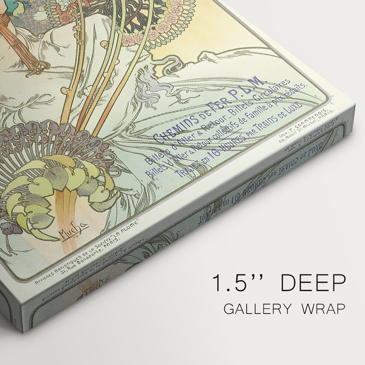 Close-up of a gallery-wrapped canvas corner showing a decorative travel poster with soft colors and flowing lines, highlighting texture and print detail.