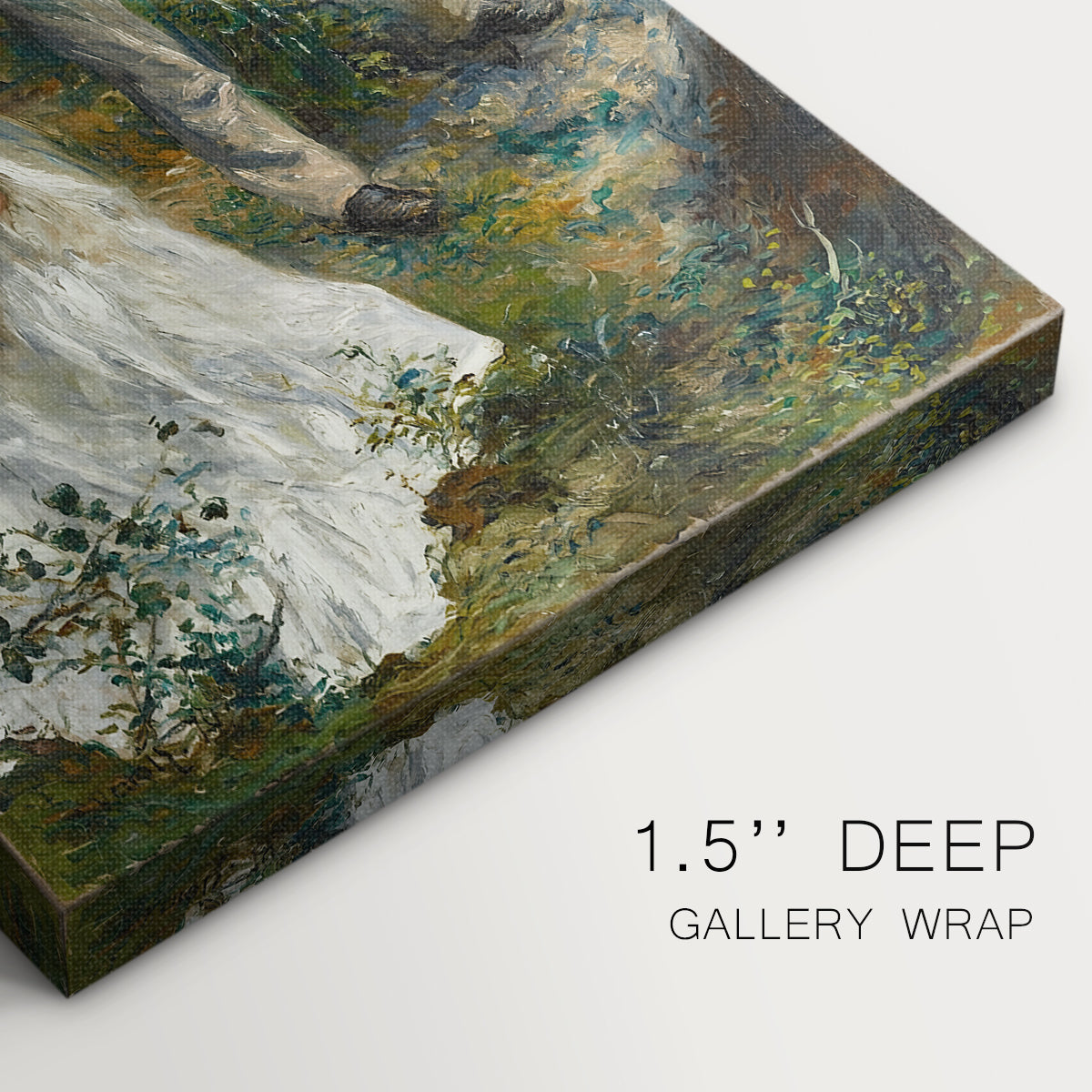 Close-up of a gallery-wrapped canvas corner showing a gentle landscape with figures in motion, highlighting texture and print detail.