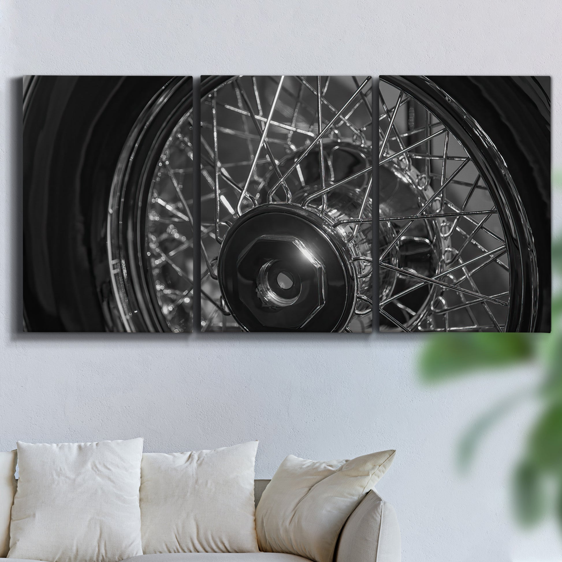 Three-panel canvas wall art featuring vintage car grille detail, displayed in a living room above a sofa.