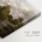 Canvas art print of a white horse standing near river within rural landscape, highlighting texture and gallery-wrapped edges
