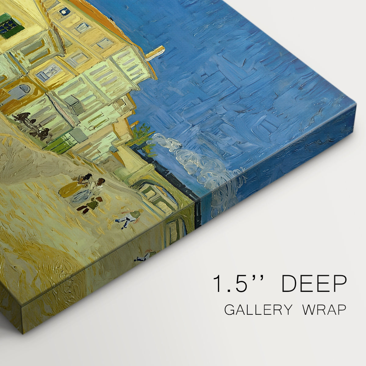 Canvas art print of a street view with bright yellow house and neighboring buildings under blue sky, highlighting texture and gallery-wrapped edges