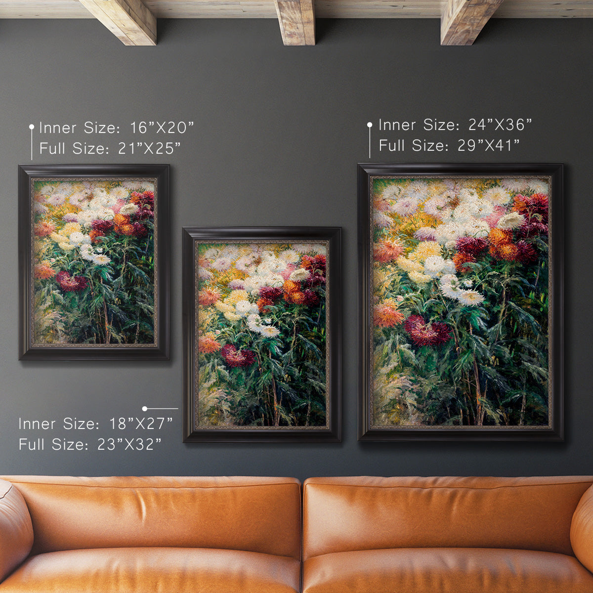 Impressionist garden floral painting by Gustave Caillebotte in an ornate black frame with gilded inner detail shown in multiple vertical size options.