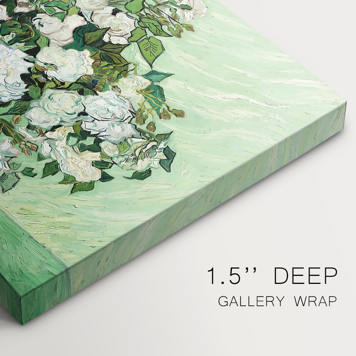 Canvas art print of a cluster of roses arranged in soft still life with light background, highlighting texture and gallery-wrapped edges