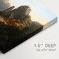 Canvas art print of a rugged mountain landscape with small figures near water and rocky cliffs, highlighting texture and gallery-wrapped edges
