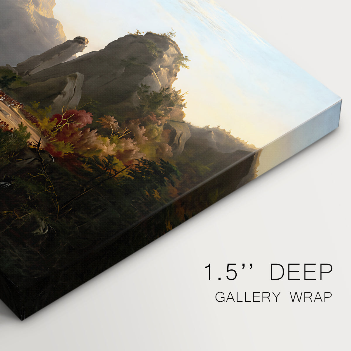 Canvas art print of a rugged mountain landscape with small figures near water and rocky cliffs, highlighting texture and gallery-wrapped edges
