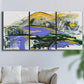 Three-panel canvas wall art featuring quiet abstract mountain silhouette, displayed in a living room above a sofa.