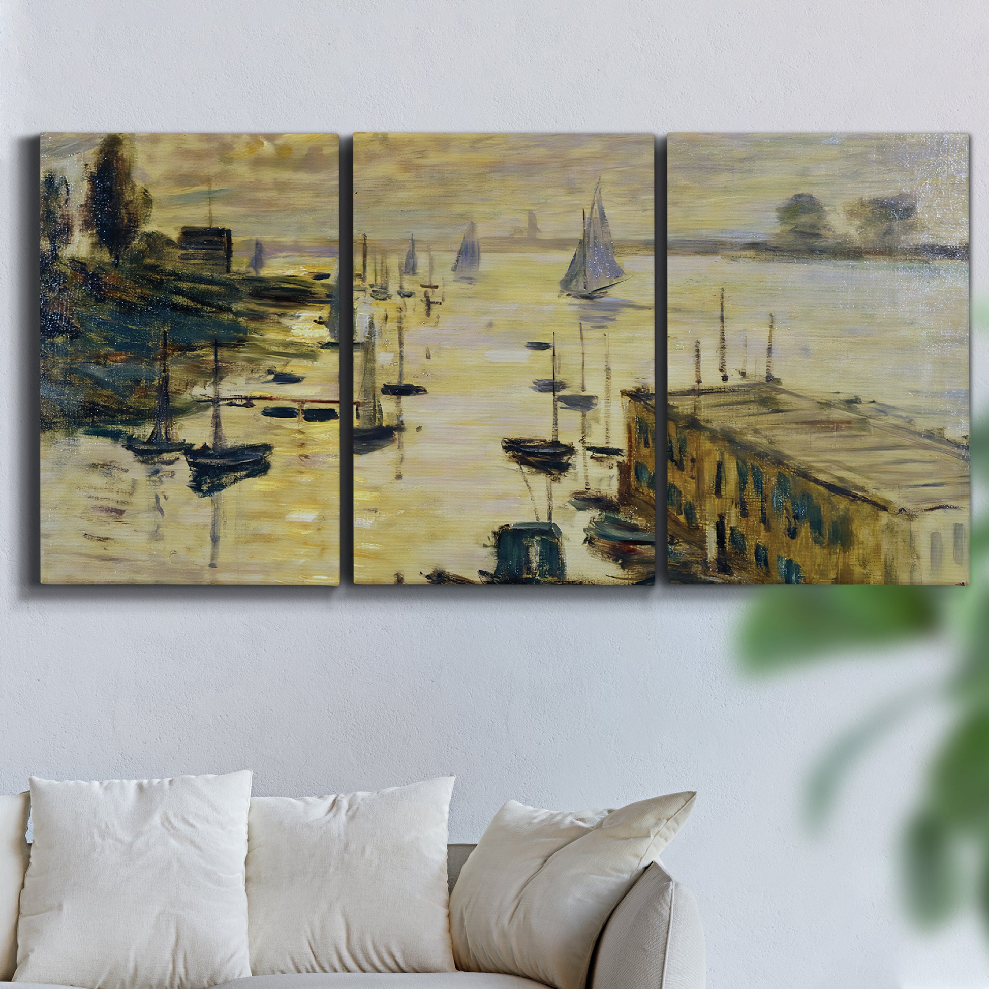Three-panel canvas wall art featuring working harbor with boats, displayed in a living room above a sofa.