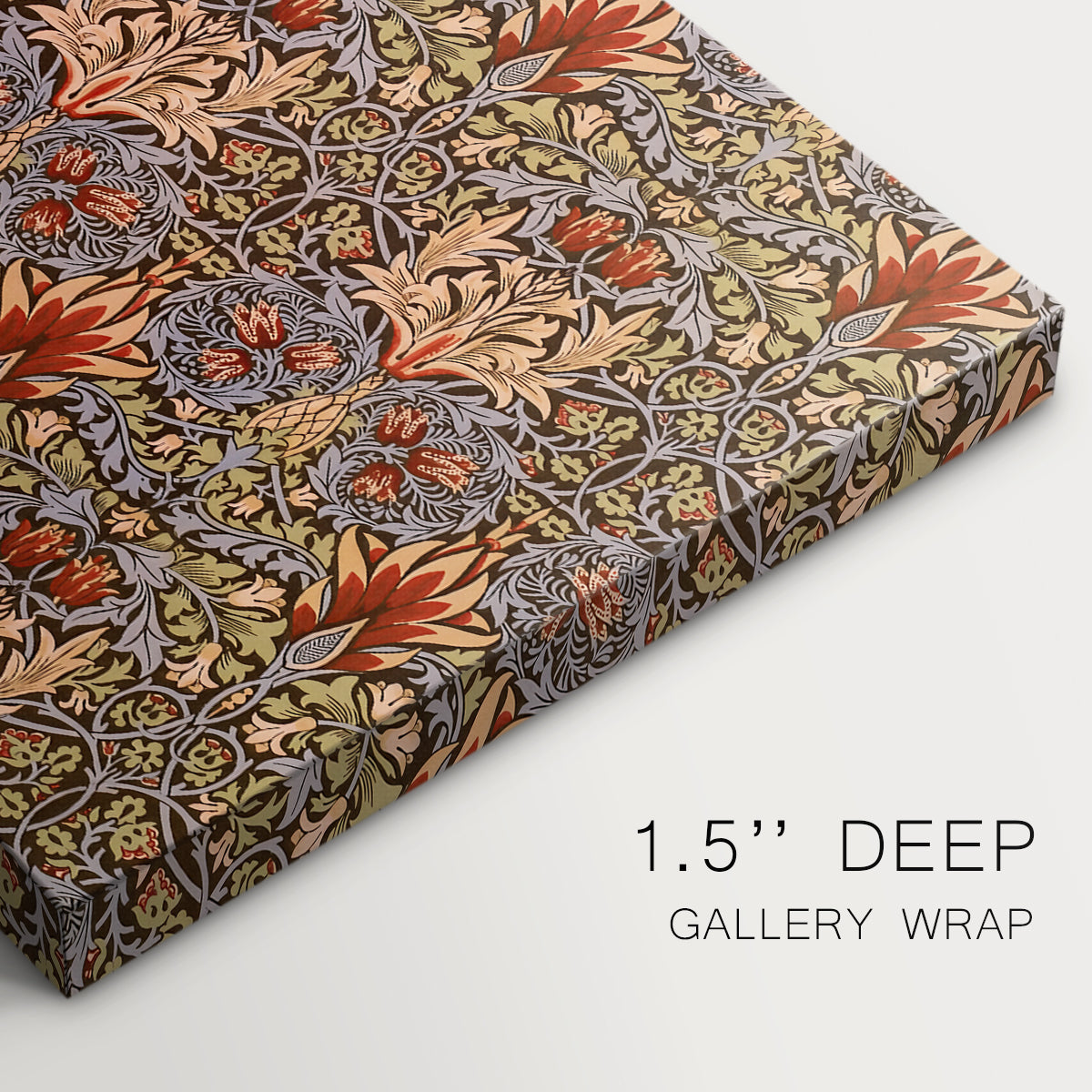 Canvas art print of a repeating pattern of stylized flowers with warm red tones and curved stems, highlighting texture and gallery-wrapped edges