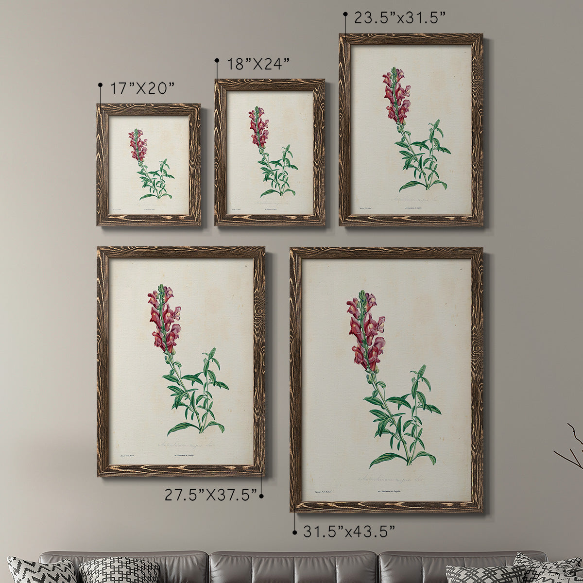 Size comparison chart for a set of two walnut barnwood framed canvas prints.
