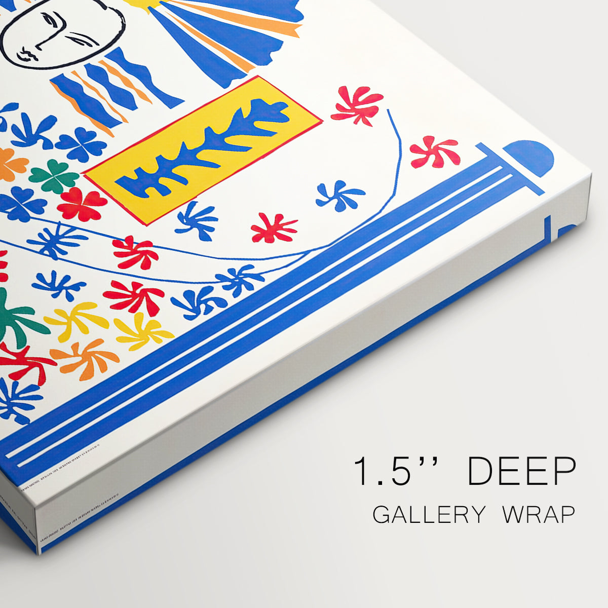 Canvas art print of an abstract geometric composition with stylized human and decorative elements, highlighting texture and gallery-wrapped edges
