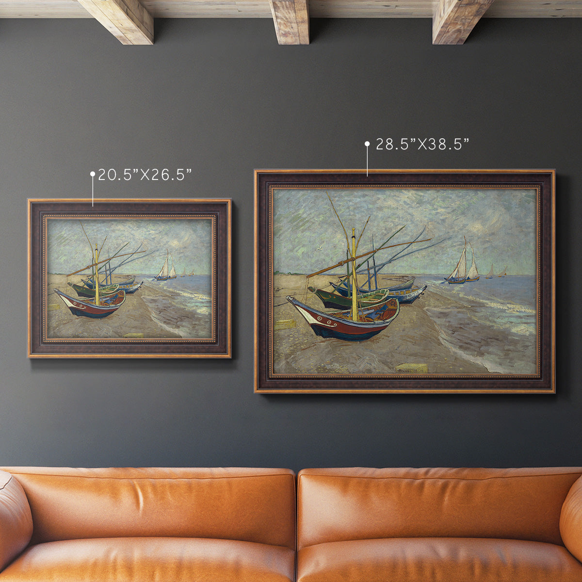 Impressionist coastal fishing boats scene by Vincent van Gogh in an ornate bronzed mahogany wood frame shown in multiple size options.