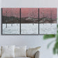 Three-panel canvas wall art featuring winter sunset snowfall landscape, displayed in a living room above a sofa.