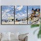 Three-panel canvas wall art featuring beach boardwalk with figures, displayed in a living room above a sofa.