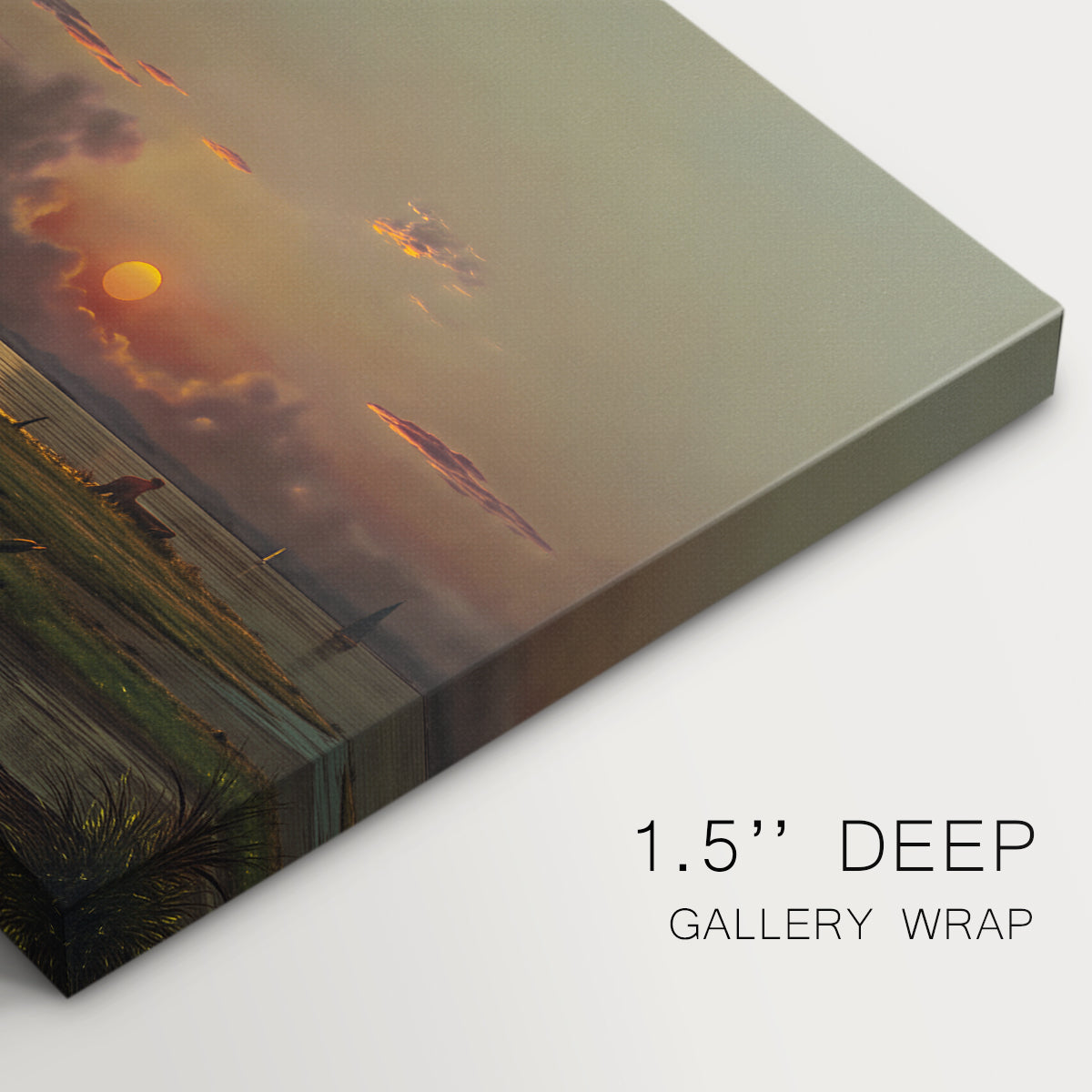 Canvas art print of a haystack in field under warm sunset sky, highlighting texture and gallery-wrapped edges