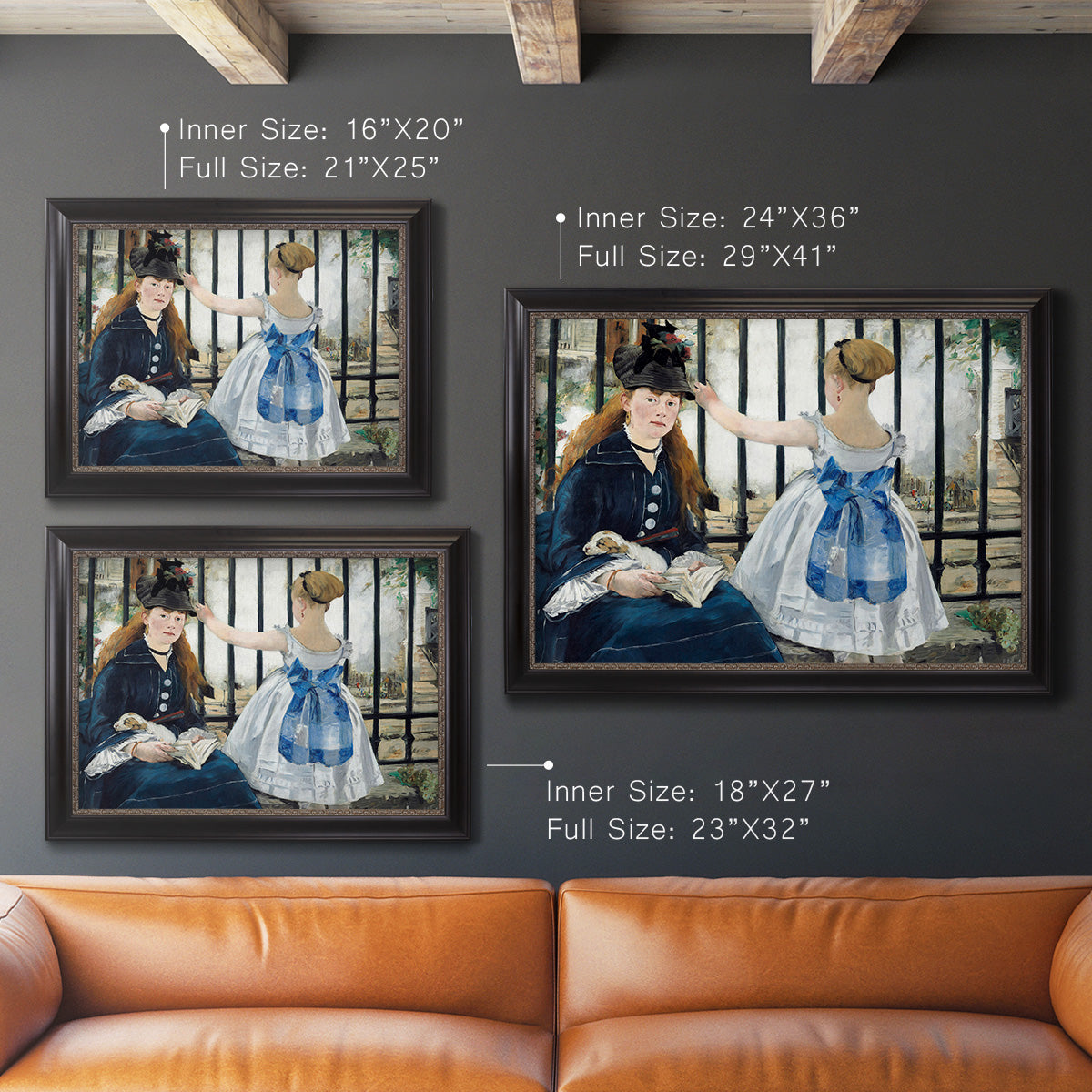 Impressionist urban scene near a railway by Édouard Manet in an ornate black frame with gilded inner detail shown in multiple size options.