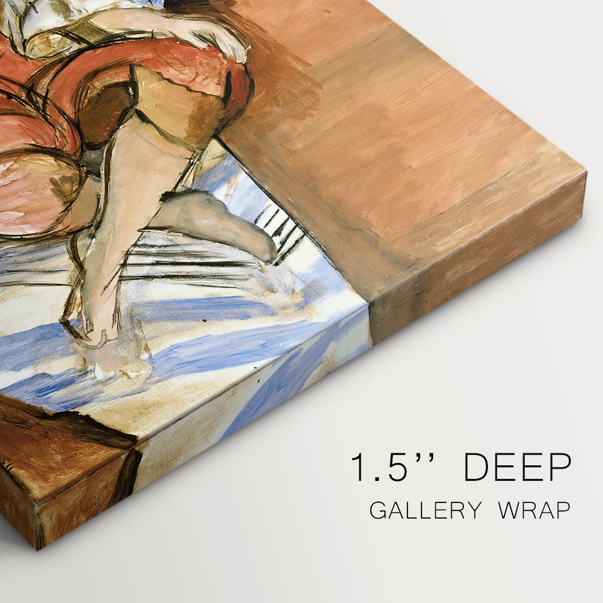 Canvas art print of a reclining woman resting on patterned textiles in a decorative interior, highlighting texture and gallery-wrapped edges