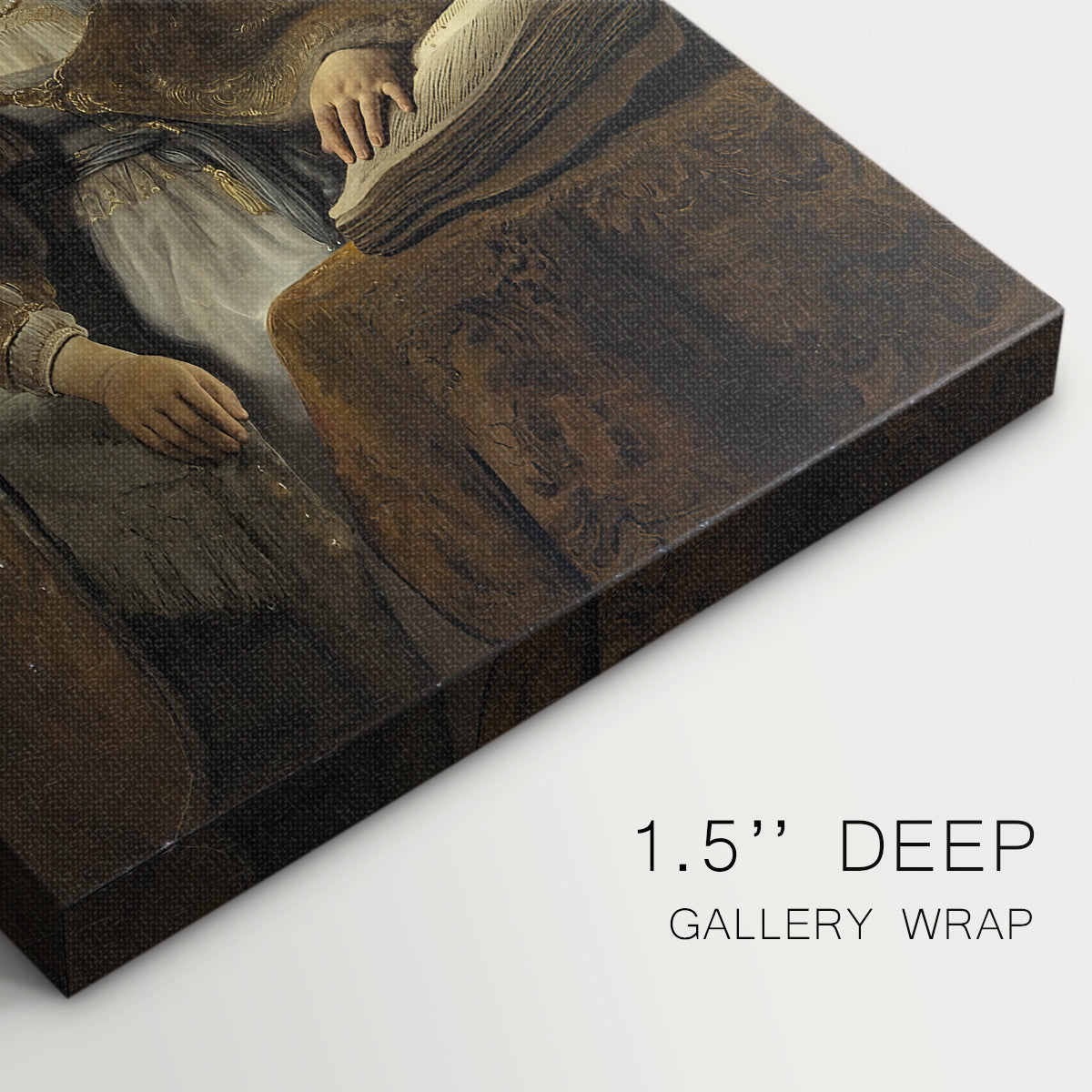 Close-up of a gallery-wrapped canvas corner showing a calm scene with intellectual atmosphere, highlighting texture and print detail.