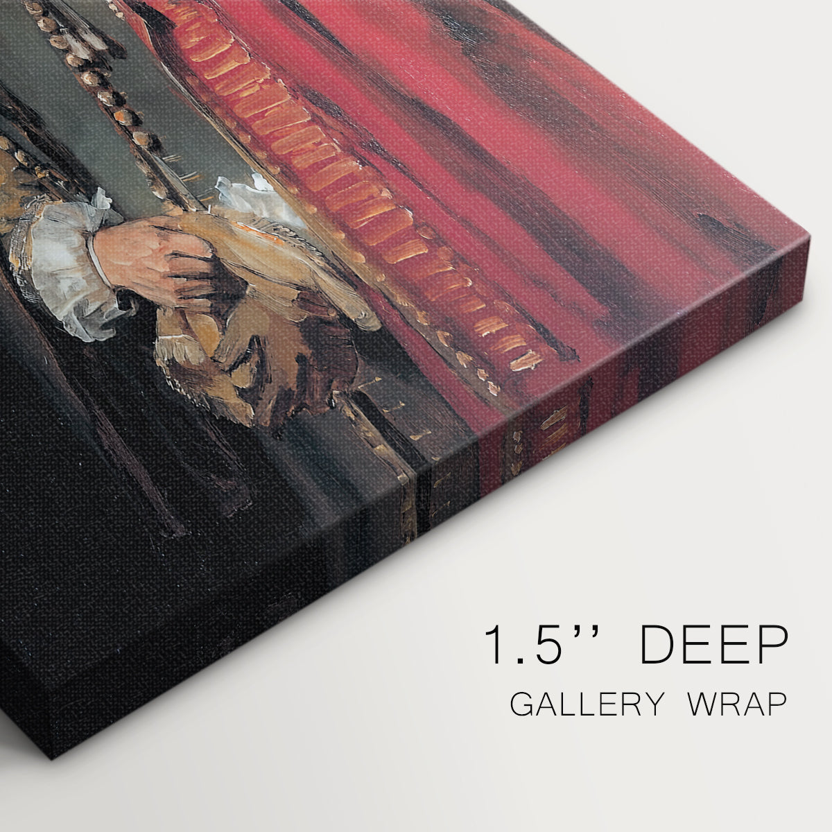 Close-up of a gallery-wrapped canvas corner showing a dignified image with strong presence, highlighting texture and print detail.